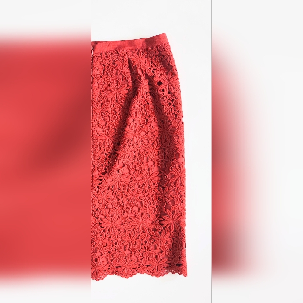 Talbots Knee Length Lace Scallop Hem Pencil Skirt Size 10 Red - Picture 6 of 8